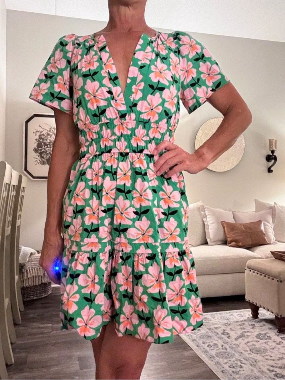 Anthropologie Green & Pink Floral V-Neck Mini Dress